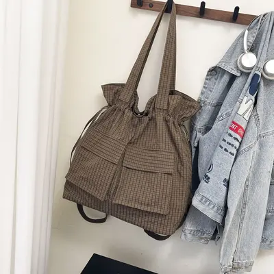 Large Capacity Lightweight Travel Backpack Plaid Drawstring Tote Bag - 9