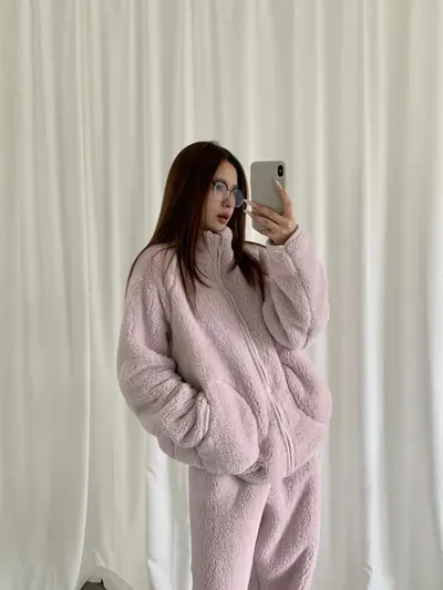 Women's Thick Plush Pajama Set, Zip Cardigan, Two-Piece - 10