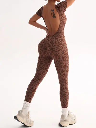 Damen Yoga-Jumpsuit, Leoparden-Muster, Hochbund, freier Rücken