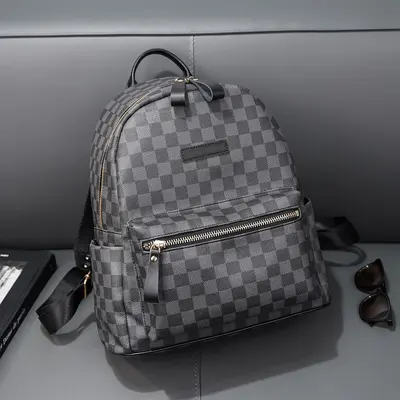Men's Plaid Leather Backpack with Laptop Compartment - 8