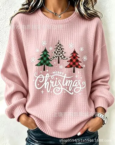 Kadın retro Noel baskılı sweatshirt, yuvarlak yaka, sonbahar ve kış - 12