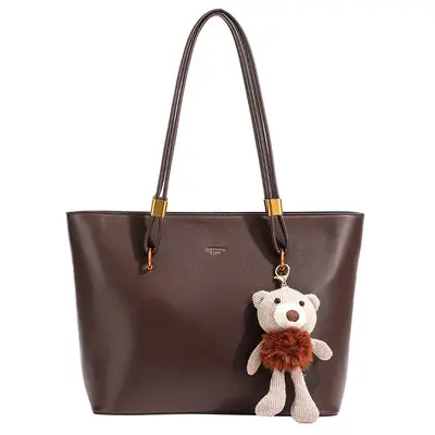 Large Retro Tote Bag, PU Leather, Solid Color - 5