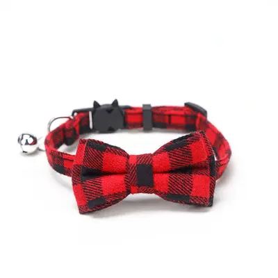 British plaid bow-tie pet collar with bell and patch - 7