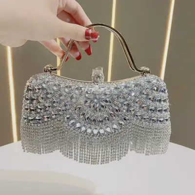 Rhinestone Tassel Evening Clutch with Chain Strap for Weddings and Parties - 7
