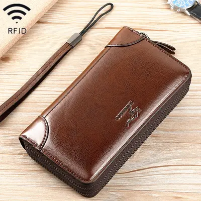 Men's Leather Clutch Bag with Double Zipper, Long Wallet Style