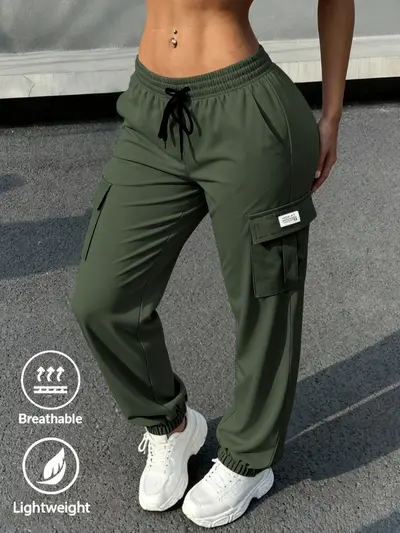 Women's Loose Multi-Pocket Workwear Pants, Spring Summer, Drawstring Hem, EU Size - 4
