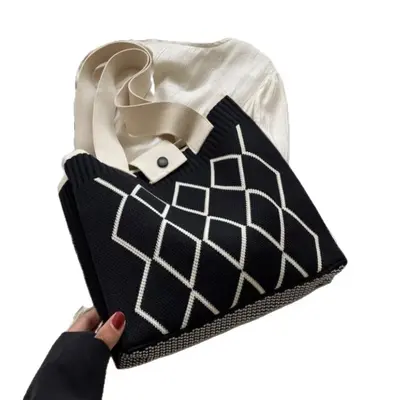Women's handwoven tote bag, diamond pattern, large capacity, single shoulder strap - 6