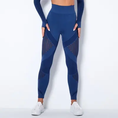Dikişsiz örme çizgili yoga pantolonu kadın, nem emici spor taytı - 11