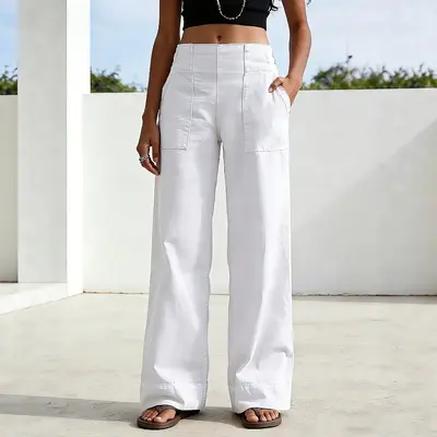 Damen-Sommerhose aus Baumwoll-Leinen, weites Bein, elastischer Bund, einfarbig