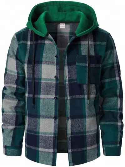 Men's warm hooded plaid shirt, loose casual fit, American-style jacket - 9
