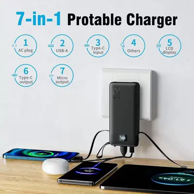 Cross-Border Built-in Cable AC Plug Power Bank Super Fast Charging Mobile Power 10000mAh Custom Logo Gift