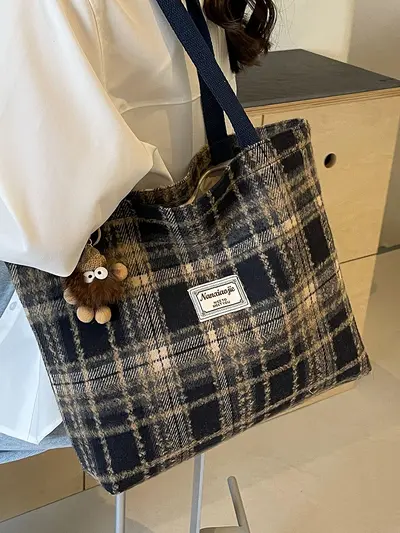 Large Capacity Plaid Bag 2026 New Autumn and Winter Woolen Plaid Shoulder Bag High-End Versatile Tote Bag