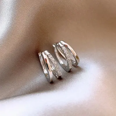 Silver rhinestone double-layer ear clips with hoop design - 5