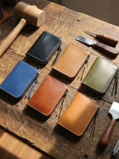 Handmade Retro Men's Wallet, Genuine Full-Grain Cowhide Leather, Short Zipper, Vertical - 1