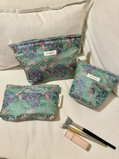 Vintage Peony Pattern Cosmetic Bag, Portable - 1