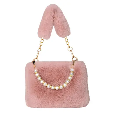 Rabbit Fur Plush Pearl Handbag with Chain Strap - 6