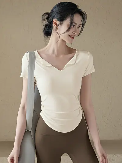 简约纯色 V 领瑜伽上衣紧身健身服无痕高腰瑜伽裤健身运动套装女 - 2
