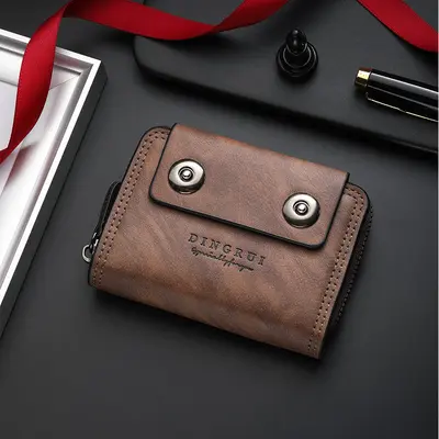Men's Short Accordion Coin Purse Card Holder, Double Snap, Large Capacity