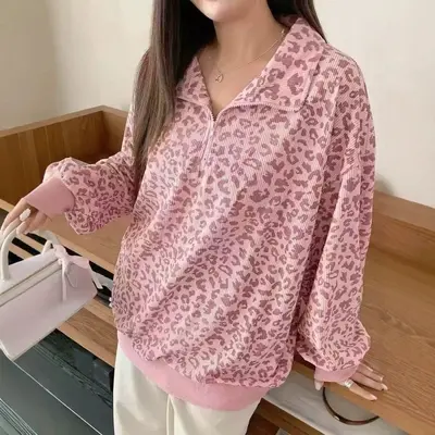 Damen-Vintage-Sweatshirt mit Leopardenmuster und Stehkragen