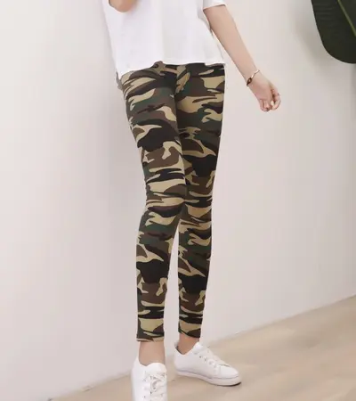 Camouflage Print Women's Plus Size Ninth-Length Leggings, Brushed Cotton, Stretch - 7