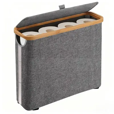 Foldable Oxford Fabric Laundry Basket with Bamboo Frame and Lid - 8