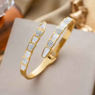 Strass-besetztes Titanzahl-Armband für Damen, offener Edelstahl, farbbeständig
