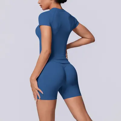 Seamless Solid Color Breathable Women's Short-Sleeve Shorts Set - 12