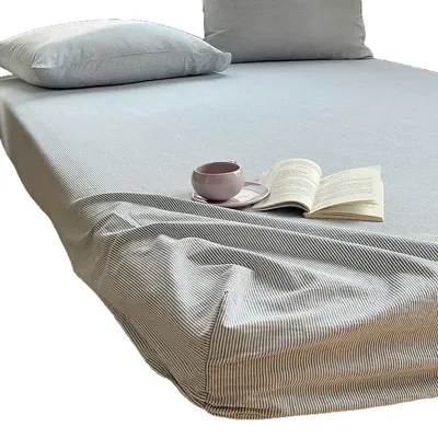 Japanese-Style Cotton Striped Plaid Bed Skirt, Anti-Slip Mattress Protector