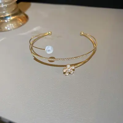 Cubic zirconia mermaid princess flower open bangle bracelet - 4