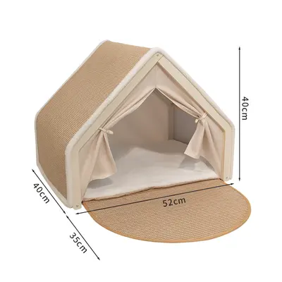 Cat Tent with Sisal Scratching Board, Extra Large Enclosed Cat House, Solid Wood - 7