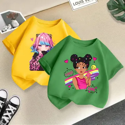 Girls' Short-Sleeve Loose Cartoon Print T-Shirt