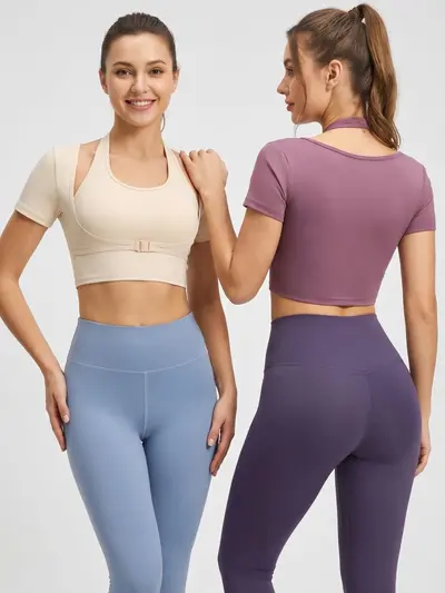 Boyun Askılı Kadın Yoga Seti, Dar Kesim Kısa Kollu Spor Üst ve Fitness Kıyafeti - 5
