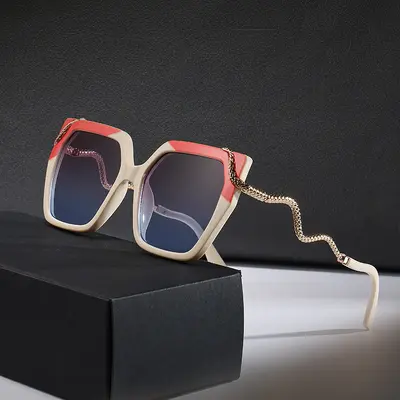 Large Square Frame Sunglasses with Metal Snake-Shaped Mirror Temples