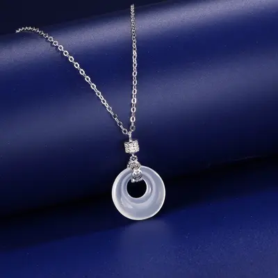 S925 Silver White Chalcedony Necklace, Safety Buckle, Chinese Style - 7