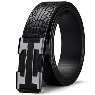 Crocodile Pattern Leather Belt Men's Waist Belt with Automatic Buckle Letter HB Fake Leather Belt Casual Versatile Trouser Belt - 4