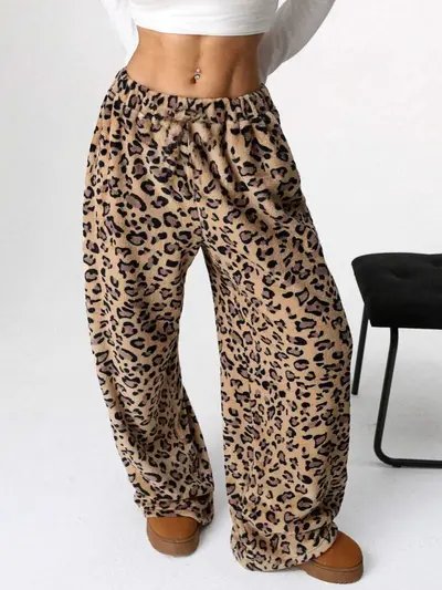 Leopar Desenli Uzun Geniş Paça Günlük Pantolon