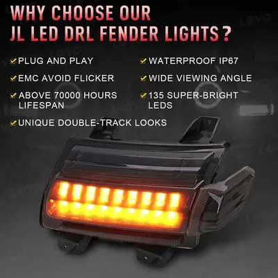 Fits Wrangler JL 18-25 models, wheel arch turn signal lights, daytime running lights, sequential light effects, Gladiator vehicle light modification.