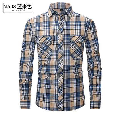 Slim fit kareli flanel erkek gömlek, uzun kollu, çift cepli, fırçalanmış kumaş - 13