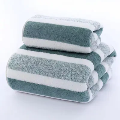 Grenzüberschreitendes Handtuch- und Badetuch-Set, verdickte Korallenfleecequalität, schlichtes dreistreifiges Design, weich, saugfähig, schnelltrocknend, fusselarm - 9