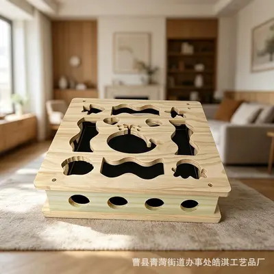 Solid Wood Maze Cat Toy, Square Self-Play Puzzle Box - 11