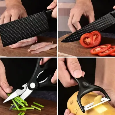 Kitchen Knife Set, 6 Pieces, Coated, with Kitchen Scissors