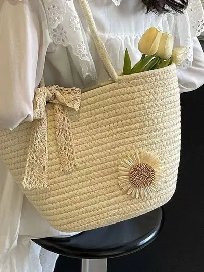 Women's Large Capacity Woven Straw Beach Shoulder Bag - 4