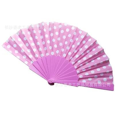 Single-Sided Fabric Polka Dot Folding Dance Fan with Plastic Ribs, White - 7