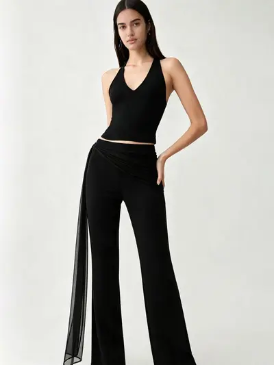 Women's Black Ribbon Detail Micro Flare Pants, Casual Slim Fit
