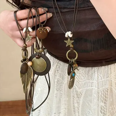 Yeni Çin tarzı bronz tüy kolye, bohem etnik stil, çift katmanlı kazak zinciri - 5