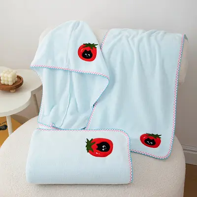 Apple Kitten Cartoon Embroidered Bath Towel Set, Coral Fleece, Quick-Dry - 3