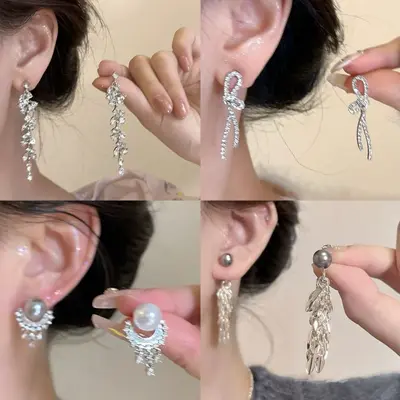 银针超闪镶钻树叶流苏耳钉时尚气质耳环女小众设计耳饰轻奢高级感
