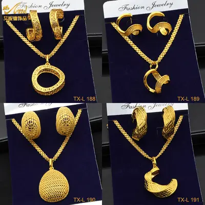 24K altın kaplı bakır takı seti kolye küpe geometrik - 2