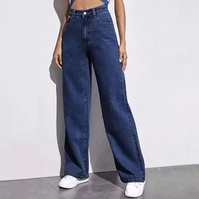 Damen-Jeans, hoher Bund, weites Bein, schwarz, gerade geschnitten - 10