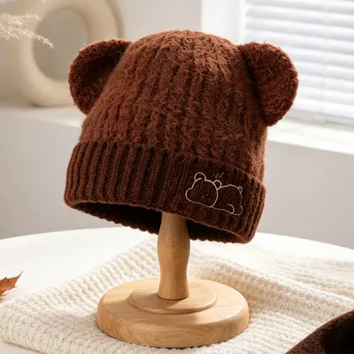 Ayıcık Kulaklı Polar Astarlı Örgü Bere Kadın Kış - 9